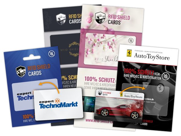 RFID Shield Cards von Expert Elektromarkt, AutoToyStore München auf Kartonträger aufgeklebt